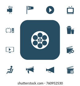 Set Of 13 Editable Cinema Icons. Includes Symbols Such As Bullhorn, Broadcast, Drink And More. Can Be Used For Web, Mobile, UI And Infographic Design.