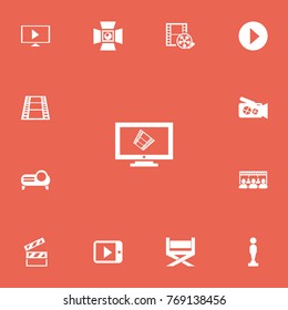 Set Of 13 Editable Cinema Icons. Includes Symbols Such As Start Video, Stool, Clapper And More. Can Be Used For Web, Mobile, UI And Infographic Design.