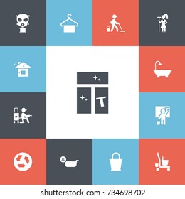 Set Of 13 Editable Cleaning Icons. Includes Symbols Such As Housekeeping Cart, Washing Glass, Pail And More. Can Be Used For Web, Mobile, UI And Infographic Design.