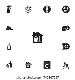 Set Of 13 Editable Cleaning Icons. Includes Symbols Such As Laundress, Power, Pulverizer And More. Can Be Used For Web, Mobile, UI And Infographic Design.