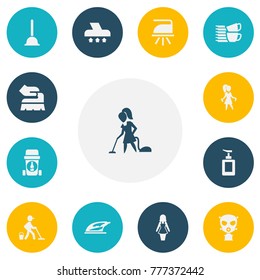 Set of 13 editable cleaning icons. Includes symbols such as pressboard, liquid soap, mopping and more. Can be used for web, mobile, UI and infographic design.