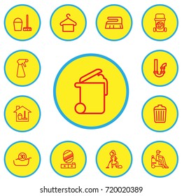 Set Of 13 Editable Cleaning Outline Icons. Includes Symbols Such As Garbage Bin, Spray, Suspender And More. Can Be Used For Web, Mobile, UI And Infographic Design.