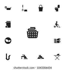 Set of 13 editable cleanup icons. Includes symbols such as laundry basket, piled tea set, mopping and more. Can be used for web, mobile, UI and infographic design.