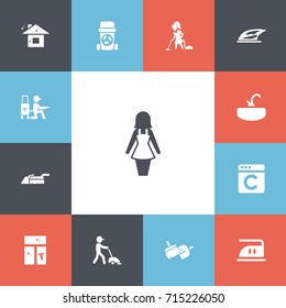 Set Of 13 Editable Cleanup Icons. Includes Symbols Such As Floor Dusting, Laundress, Pure Home And More. Can Be Used For Web, Mobile, UI And Infographic Design.