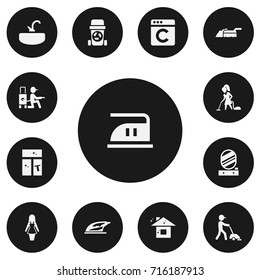 Set Of 13 Editable Cleanup Icons. Includes Symbols Such As Wall Mirror, Appliance, Vacuuming And More. Can Be Used For Web, Mobile, UI And Infographic Design.