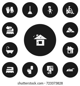 Set Of 13 Editable Cleanup Icons. Includes Symbols Such As Rubber Drain, Bucket With Mop, Restroom And More. Can Be Used For Web, Mobile, UI And Infographic Design.