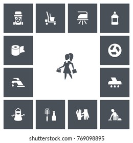 Set Of 13 Editable Cleanup Icons. Includes Symbols Such As Housework, Rubbish Container, Housekeeping Cart And More. Can Be Used For Web, Mobile, UI And Infographic Design.