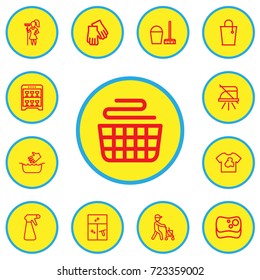 Set Of 13 Editable Cleanup Outline Icons. Includes Symbols Such As Cleaning Window, Dirty Clothes, Hand Wash. Can Be Used For Web, Mobile, UI And Infographic Design.