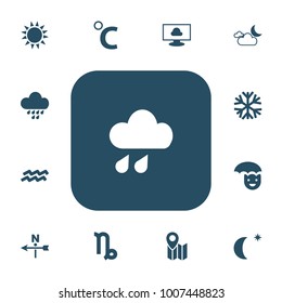 Set of 13 editable climate icons. Includes symbols such as celestial, crescent with star, breeze vane and more. Can be used for web, mobile, UI and infographic design.