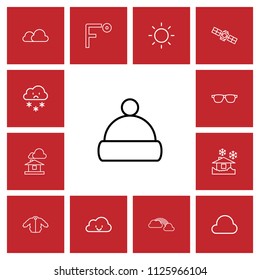 Set of 13 editable climate icons line style. Includes symbols such as overcast, rainbow, temperature scale and more. Can be used for web, mobile, UI and infographic design.