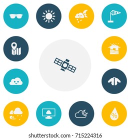 Set Of 13 Editable Climate Icons. Includes Symbols Such As Home, Cloud On The Screen, Sun And More. Can Be Used For Web, Mobile, UI And Infographic Design.