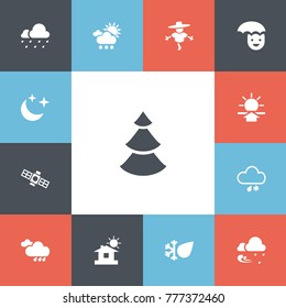 Set of 13 editable climate icons. Includes symbols such as snowing, rainstorm, pluvial and more. Can be used for web, mobile, UI and infographic design.