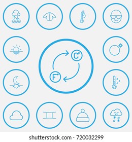 Set Of 13 Editable Climate Outline Icons. Includes Symbols Such As Ram, Warm, Lunar And More. Can Be Used For Web, Mobile, UI And Infographic Design.