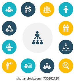 Set Of 13 Editable Community Icons. Includes Symbols Such As Team, Teamwork, Finance Director And More. Can Be Used For Web, Mobile, UI And Infographic Design.