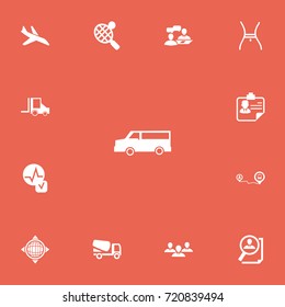 Set Of 13 Editable Complicated Icons. Includes Symbols Such As Auto, Camion, Heartbeat And More. Can Be Used For Web, Mobile, UI And Infographic Design.