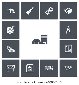 Set Of 13 Editable Construction Icons. Includes Symbols Such As Cogwheel, Electric Screwdriver, Excavation Machine And More. Can Be Used For Web, Mobile, UI And Infographic Design.