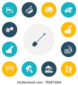 Set of 13 editable construction icons. Includes symbols such as mixer concrete, roadblock, hammer in hand. Can be used for web, mobile, UI and infographic design.