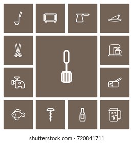 Set Of 13 Editable Cook Outline Icons. Includes Symbols Such As Wine Opener, Microwave, Cezve And More. Can Be Used For Web, Mobile, UI And Infographic Design.