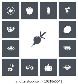 Set of 13 editable cookware icons. Includes symbols such as pumpkin, beet, kiwi and more. Can be used for web, mobile, UI and infographic design.