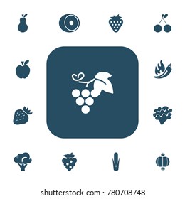 Set of 13 editable dessert icons. Includes symbols such as sour cherry, grape, berry and more. Can be used for web, mobile, UI and infographic design.