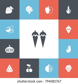 Set of 13 editable dessert icons. Includes symbols such as strawberry, cherry, aubergine and more. Can be used for web, mobile, UI and infographic design.