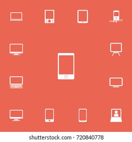 Set Of 13 Editable Devices Icons. Includes Symbols Such As Touchscreen, Monitor, Smartphone And More. Can Be Used For Web, Mobile, UI And Infographic Design.