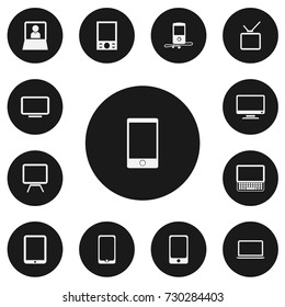 Set Of 13 Editable Devices Icons. Includes Symbols Such As Tv, Touchscreen, Tablet Phone And More. Can Be Used For Web, Mobile, UI And Infographic Design.