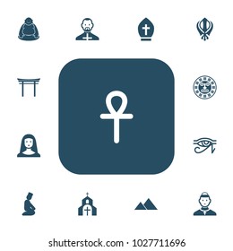 Set of 13 editable dyne icons. Includes symbols such as knee bending, horus eye, egyptian pyramid and more. Can be used for web, mobile, UI and infographic design.