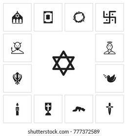 Set of 13 editable dyne icons. Includes symbols such as synagogue, dagger, devil and more. Can be used for web, mobile, UI and infographic design.