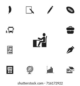 Set Of 13 Editable Education Icons. Includes Symbols Such As Calculator, Feather, Distance Learning And More. Can Be Used For Web, Mobile, UI And Infographic Design.