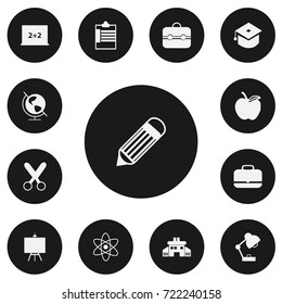 Set Of 13 Editable Education Icons. Includes Symbols Such As Earth Planet, Eraser, Cutting And More. Can Be Used For Web, Mobile, UI And Infographic Design.