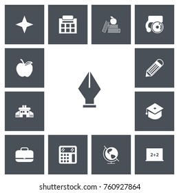 Set Of 13 Editable Education Icons. Includes Symbols Such As Bell, Calculate, Eraser And More. Can Be Used For Web, Mobile, UI And Infographic Design.