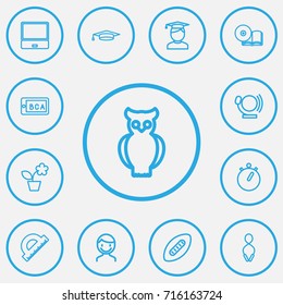 Set Of 13 Editable Education Outline Icons. Includes Symbols Such As Bird, Notebook, Male And More. Can Be Used For Web, Mobile, UI And Infographic Design.