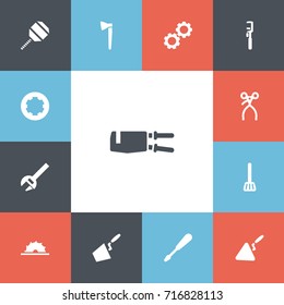 Set Of 13 Editable Equipment Icons. Includes Symbols Such As Screw Head, Kitchen Spatula, Sawblade And More. Can Be Used For Web, Mobile, UI And Infographic Design.