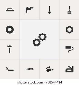 Set Of 13 Editable Equipment Icons. Includes Symbols Such As Digging, Cogwheel, Brush And More. Can Be Used For Web, Mobile, UI And Infographic Design.