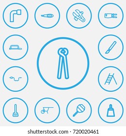 Set Of 13 Editable Equipment Outline Icons. Includes Symbols Such As Handsaw, Wheel Wrench, Scraper. Can Be Used For Web, Mobile, UI And Infographic Design.