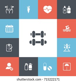 Set Of 13 Editable Exercise Icons. Includes Symbols Such As Training, Hand Barbell, Profile. Can Be Used For Web, Mobile, UI And Infographic Design.