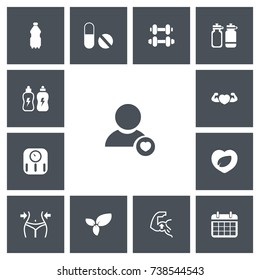 Set Of 13 Editable Exercise Icons. Includes Symbols Such As Hand Barbell, Plant, Energetic Beverage. Can Be Used For Web, Mobile, UI And Infographic Design.