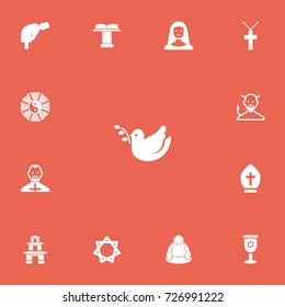 Set Of 13 Editable Faith Icons. Includes Symbols Such As Wineglass, Pagoda, Satan And More. Can Be Used For Web, Mobile, UI And Infographic Design.
