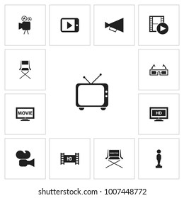 Set of 13 editable filming icons. Includes symbols such as retro tv, bullhorn, recorded media and more. Can be used for web, mobile, UI and infographic design.