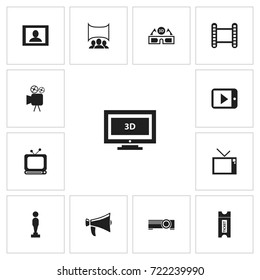 Set Of 13 Editable Filming Icons. Includes Symbols Such As Tv, Movie Strip, Oscar And More. Can Be Used For Web, Mobile, UI And Infographic Design.