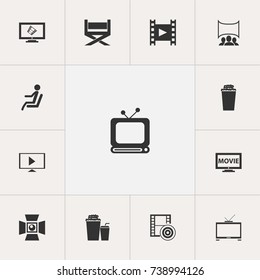 Set Of 13 Editable Filming Icons. Includes Symbols Such As Start Video, Broadcast, Drink And More. Can Be Used For Web, Mobile, UI And Infographic Design.