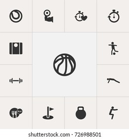 Set Of 13 Editable Fitness Icons. Includes Symbols Such As Football, Physical Education, Basket Play And More. Can Be Used For Web, Mobile, UI And Infographic Design.