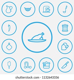 Set of 13 editable food icons line style. Includes symbols such as knife, coffee machine, ice and more. Can be used for web, mobile, UI and infographic design.