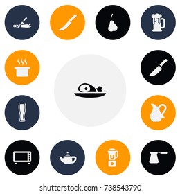 Set Of 13 Editable Food Icons. Includes Symbols Such As Fruit, Oven, Knife And More. Can Be Used For Web, Mobile, UI And Infographic Design.