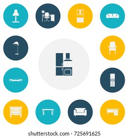 Set Of 13 Editable Furniture Icons. Includes Symbols Such As Sofa, Glim, Wardrobe And More. Can Be Used For Web, Mobile, UI And Infographic Design.