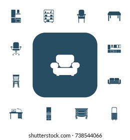 Set Of 13 Editable Furniture Icons. Includes Symbols Such As Commode, Cooking Furnishings, Davenport And More. Can Be Used For Web, Mobile, UI And Infographic Design.
