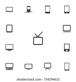Set Of 13 Editable Gadget Icons. Includes Symbols Such As Tv, Computer, Telephone And More. Can Be Used For Web, Mobile, UI And Infographic Design.