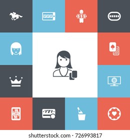 Set Of 13 Editable Game Icons. Includes Symbols Such As Blackjack, Roulette On Monitor, Poker Deck And More. Can Be Used For Web, Mobile, UI And Infographic Design.