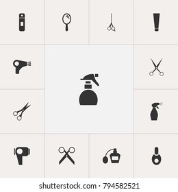 Set of 13 editable hairdresser icons. Includes symbols such as hair dryer, clippers, spray and more. Can be used for web, mobile, UI and infographic design.